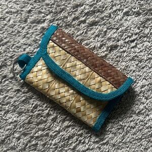 Authentic Woven Straw Card Wallet with Teal Trim